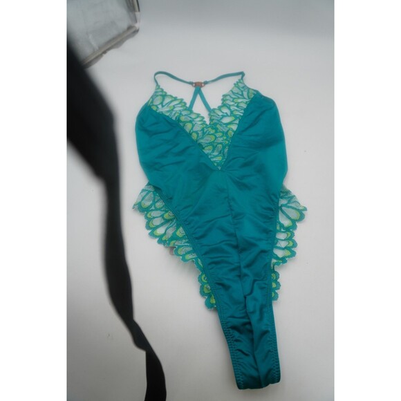 Savage Fenty Not Sorry Teddy Bodysuit Teal Lace Thong Strappy V NeckNWT Sz Small - Picture 1 of 7